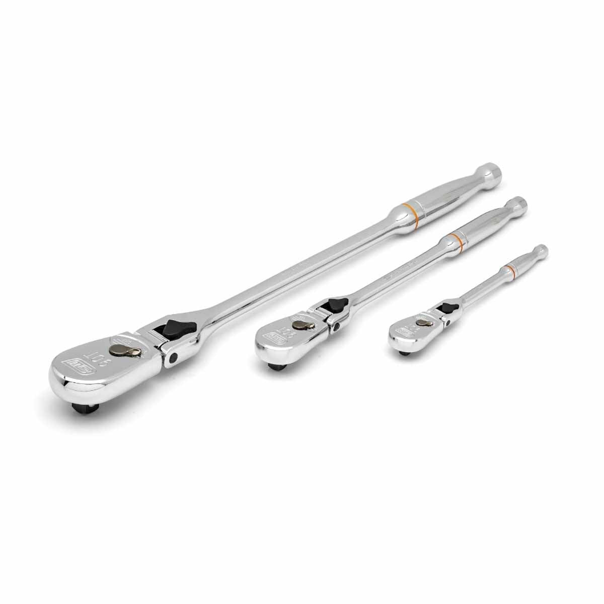 GearWrench 81276T 3 Pc. 1/4″, 3/8″ & 1/2″ Drive 90-Tooth Locking Flex Head Teardrop Ratchet Set