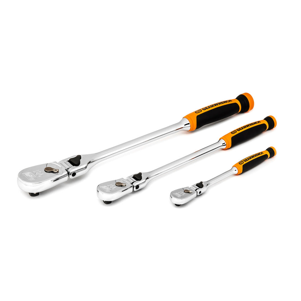 GearWrench 81298T 3 Pc. 1/4″, 3/8″ & 1/2″ Drive 90-Tooth Dual Material Locking Flex Head Ratchet Set