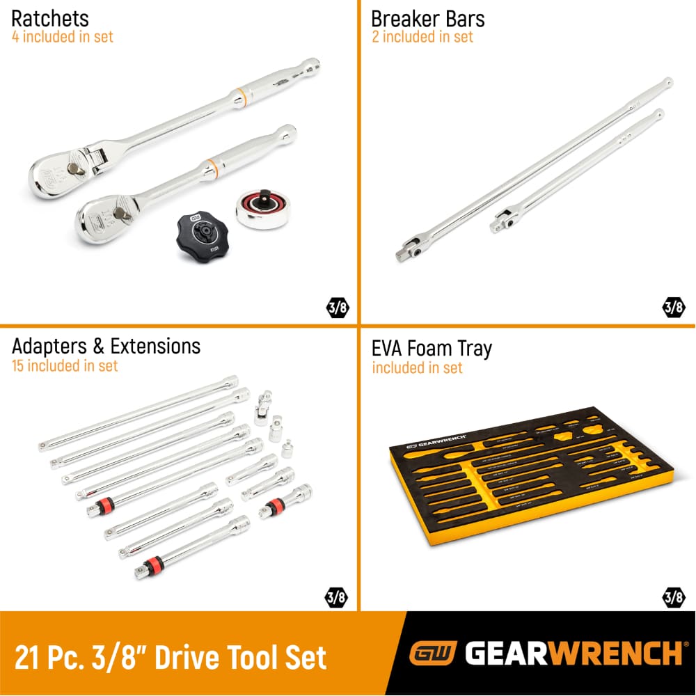 GearWrench 86521 21 Pc. 3/8″ 90-Tooth Ratchet & Drive Tool Set with EVA Foam Tray