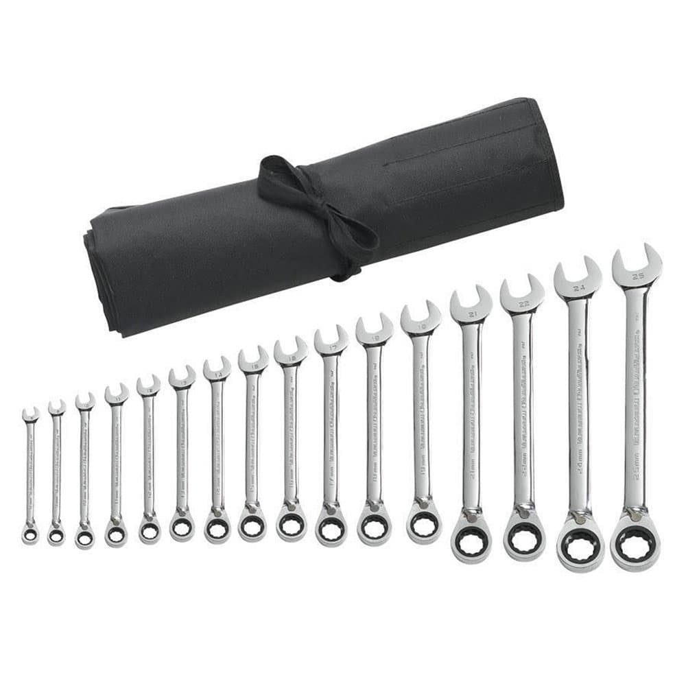 GearWrench 9602RN 16 Pc. 72-Tooth 12 Point Reversible Ratcheting Combination Metric Wrench Set with Tool Roll